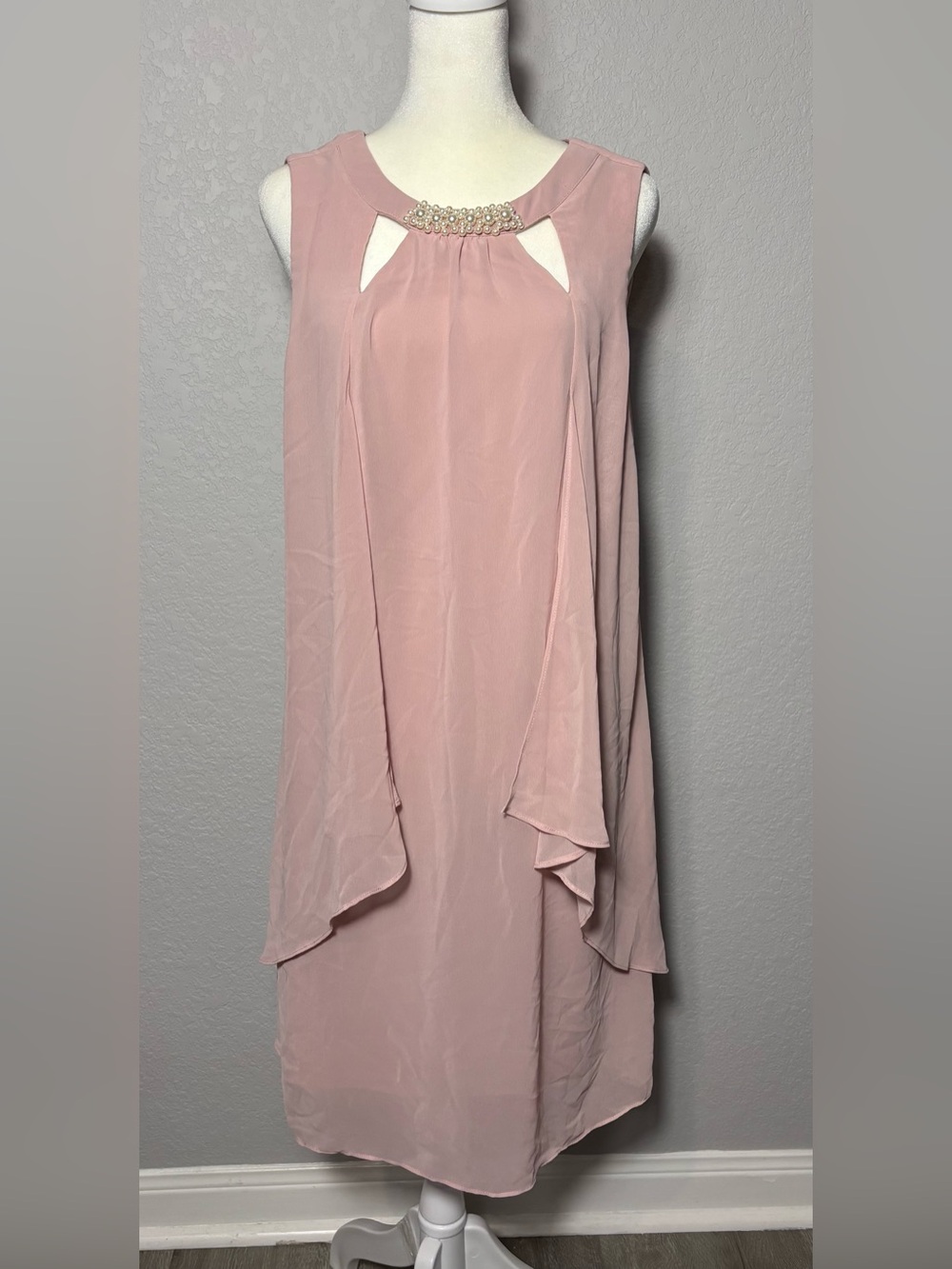 SLNY Blush Pink High-Low Flowing dress with Pearl Accent
